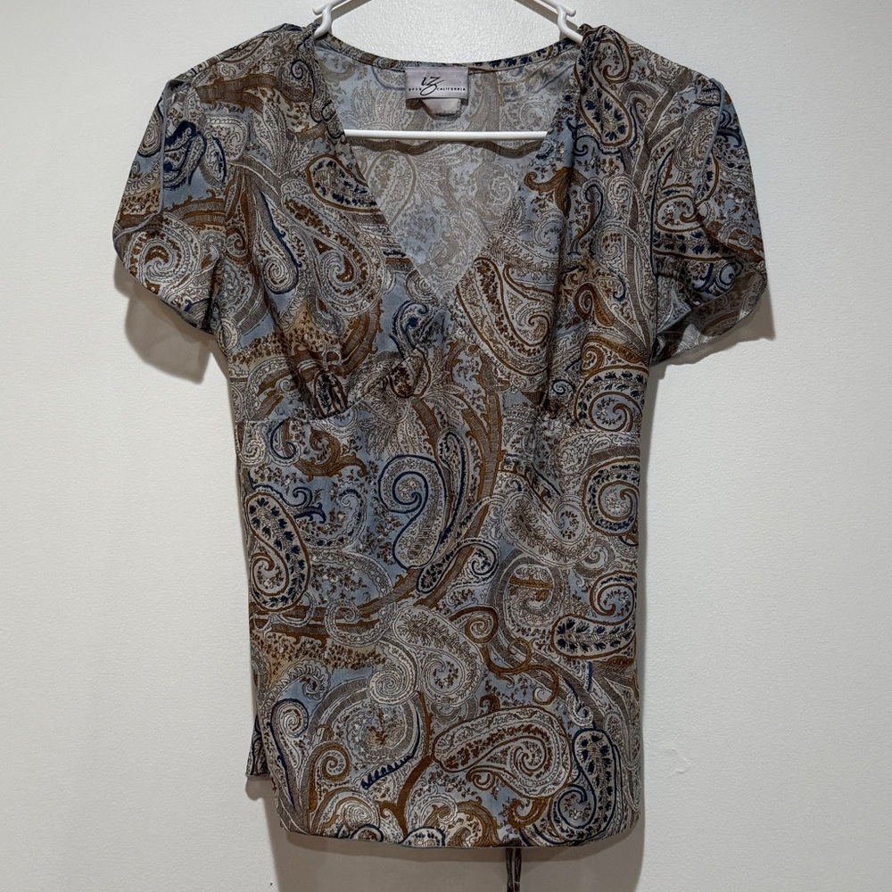 VTG Y2K Babydoll Semi-sheer Top Paisley Print Tie Back Medium M Feminine Romanti